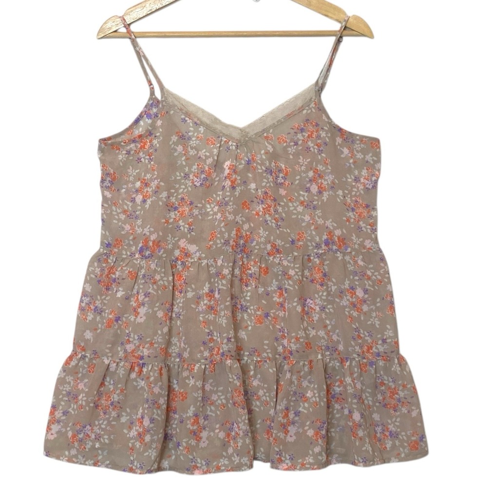 Y2K Tiered Sheer Floral‎ Cami Tunic Top Womens M Tan Lace Boho Hippie Fairycore